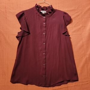 Calvin Klein Burgundy Red Sz M Short Sleeve Ruffle Button Down Blouse Officecore